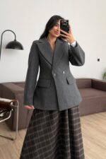 Cep Detaylı Belden oturtmalı Kaşe Ceket Antrasit