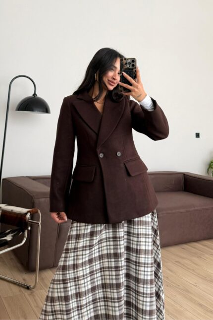 Cep Detaylı Belden oturtmalı Kaşe Ceket Kahverengi