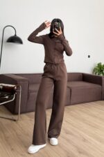 Dalgıç Kumaş Fermuarlı Eşofman Takım Kahverengi