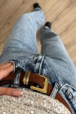 Süet Kemerli Wide Leg Mavi Jean - Görsel 2