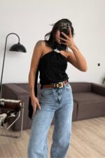 Tokalı Straplez Taşlı Bluz Siyah