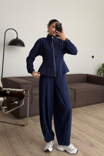 Dikiş Detaylı Fitilli Eşofman Takım Lacivert