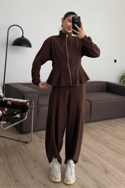 Dikiş Detaylı Fitilli Eşofman Takım Kahverengi