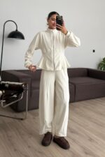 Dikiş Detaylı Fitilli Eşofman Takım Ekru