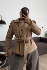 St Beli Kemerli Yumuşak Deri Ceket Bej