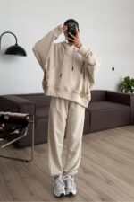 Tasarım Kapşonlu Sweat Eşofman Takım Bej - Görsel 2