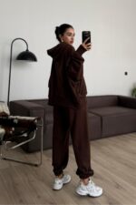 Tasarım Kapşonlu Sweat Eşofman Takım Kahverengi - Görsel 4