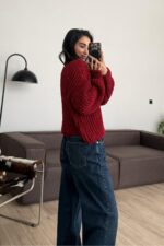 V yaka Selanik Örgülü Kazak Bordo - Görsel 3