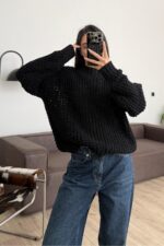 Yarım Boğazlı Selanik Örgülü Kazak Siyah