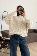 Yarım Boğazlı Selanik Örgülü Kazak Ekru