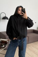 Kemer Detaylı Fitilli Dik Yakalı Bomber Ceket Siyah