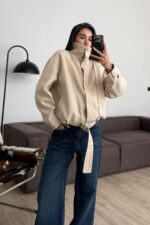 Kemer Detaylı Fitilli Dik Yakalı Bomber Ceket Taş