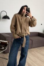 Kemer Detaylı Fitilli Dik Yakalı Bomber Ceket Camel