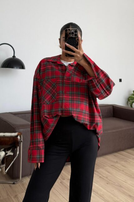 Life Oversize Ekose Gömlek Kırmızı Yeşil