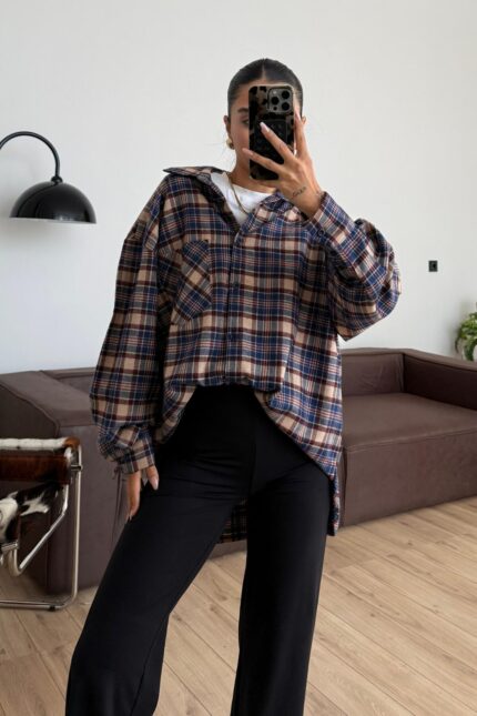 Life Oversize Ekose Gömlek Lacivert Bej