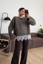 Dantel Detaylı Premium Kazak Kahverengi