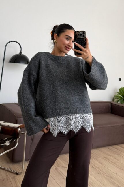 Dantel Detaylı Premium Kazak Antrasit