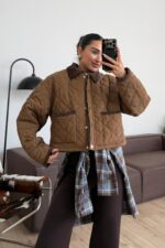 Kapitone Yakası Kadife Kısa Mont Camel