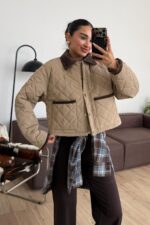 Kapitone Yakası Kadife Kısa Mont Taş