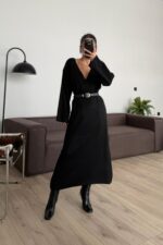 Önü Düğmeli V Yaka Triko Takım Siyah