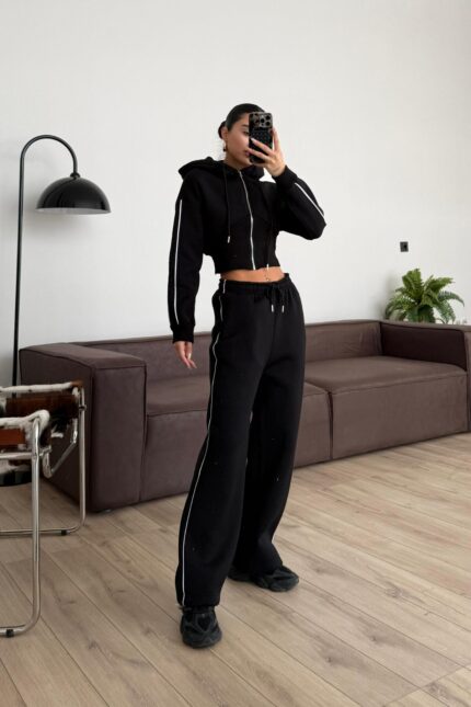 İçi Şardonlu Biyeli Eşofman Takım Siyah