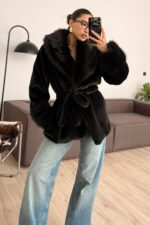 Yumoş Kürk Detaylı Beli Bağlamalı Mont Siyah