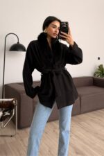 Yakası Kürklü Fitilli Hırka Siyah