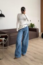 Verev Dikişli Geniş Paça Mavi Jean
