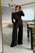 Kayık Yaka palazzo Pantolon Takım Koyu Antrasit