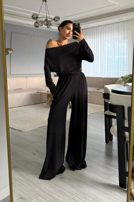 Kayık Yaka palazzo Pantolon Takım Koyu Antrasit