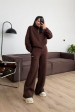 Fermuarlı Dik Yaka Eşofman Takım Kahverengi