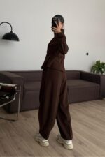 Dikiş Detaylı Fitilli Eşofman Takım Kahverengi - Görsel 4