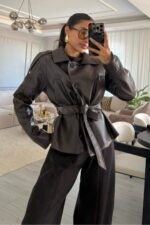 St Beli Kemerli Yumuşak Deri Ceket Acı Kahve