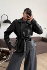 St Beli Kemerli Yumuşak Deri Ceket Siyah