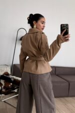 St Beli Kemerli Yumuşak Deri Ceket Bej - Görsel 3