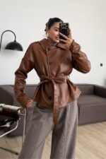 St Beli Kemerli Yumuşak Deri  Ceket Kahverengi