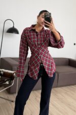 Düğme Detaylı Beli Bağlamalı Ekose Gömlek Kırmızı