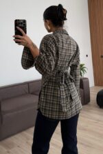 Düğme Detaylı Beli Bağlamalı Ekose Gömlek Kahverengi - Görsel 3