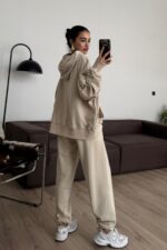 Tasarım Kapşonlu Sweat Eşofman Takım Bej - Görsel 4