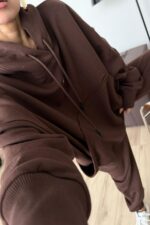 Tasarım Kapşonlu Sweat Eşofman Takım Kahverengi - Görsel 3