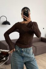 Kayık Yaka Uzun Kollu Dantel Bluz Kahverengi