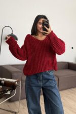 V yaka Selanik Örgülü Kazak Bordo