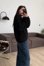 Yarım Boğazlı Selanik Örgülü Kazak Siyah - Görsel 3