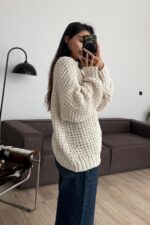 Yarım Boğazlı Selanik Örgülü Kazak Ekru - Görsel 3