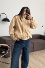 Kemer Detaylı Fitilli Dik Yakalı Bomber Ceket Bej