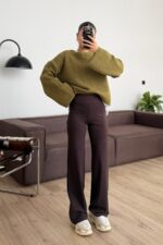 Yüksek Bel Geniş Paça Tayt Kahverengi