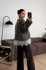 Dantel Detaylı Premium Kazak Kahverengi - Görsel 3