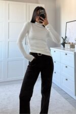 Yanları Büzgülü Balıkçı Yaka Bluz Beyaz