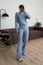 İspanyol Paça Fitilli Triko Takım Mavi