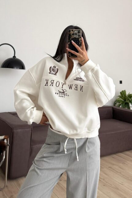 Yakası Fermuarlı Sweat Beyaz